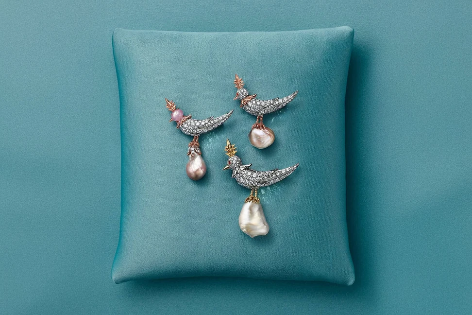 <p>A cluster of new Tiffany & Co. Bird on a Pearl high jewellery brooches, set with natural pearls from the private collection of Hussein Al Fardan</p>