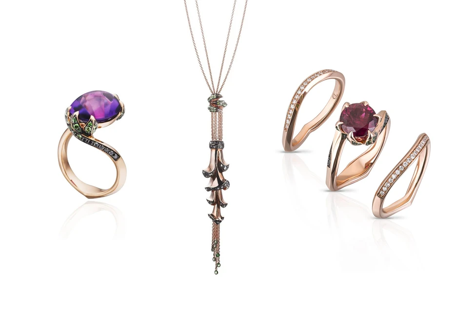 <p>Tomasz Donocik ‘Garden of Good &amp; Evil’ rings and pendant</p>
