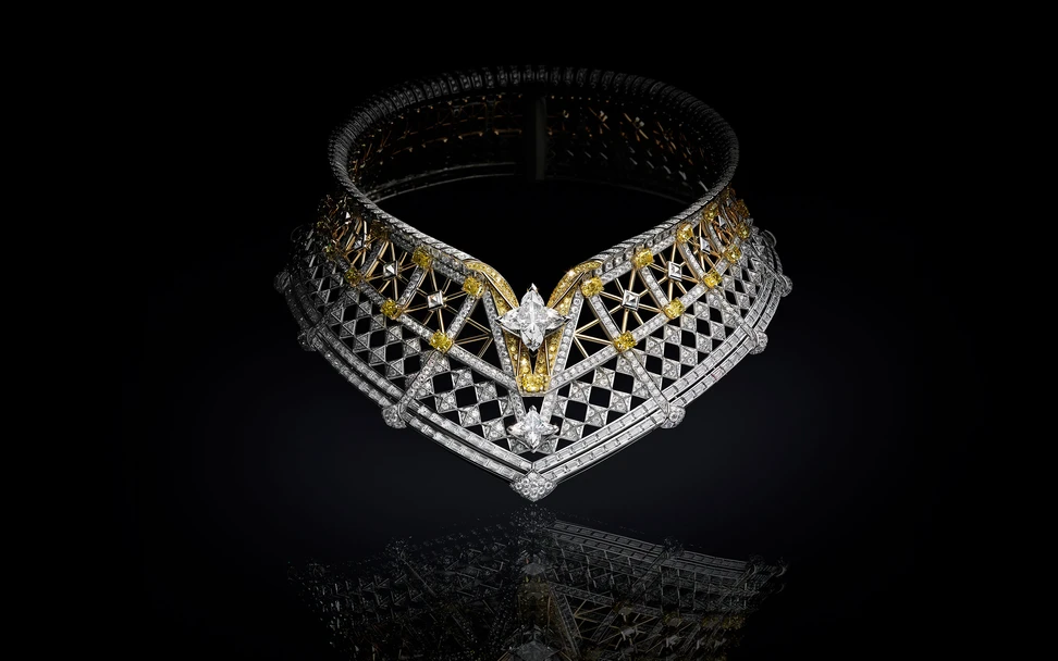 <p>Louis Vuitton Victoire necklace in platinum and yellow gold with two LV Monogram Star-cut diamonds of 10.43 and 3.08 carats, both D-colour and internally flawless, in addition to yellow diamonds and further colourless diamonds, from Chapter II of the Awakened Hands, Awakened Minds High Jewellery collection. ©Laziz Hamani</p>
