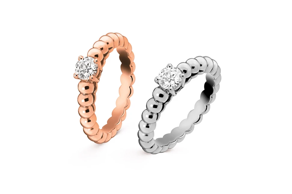 <p>Van Cleef &amp; Arpels &#8216;Perlée solitaire&#8217; rose gold and white gold diamond engagement rings</p>
