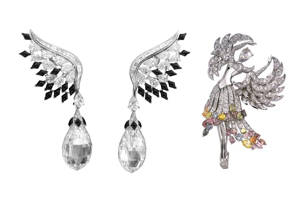 <p>Left: Van Cleef&Arpels Bals de Légende collection earrings with onyx and diamonds. Right: Van Cleef&Arpels Isadora clip</p>