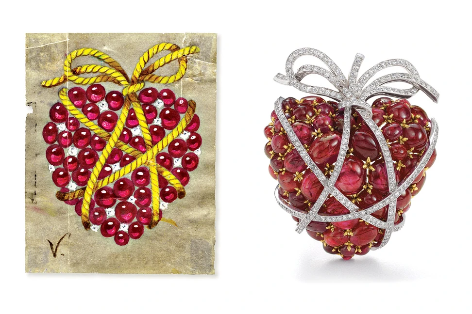 <p>Verdura ‘Wrapped Heart’ sketch and brooch in cabochon rubies, diamonds and white gold</p>
