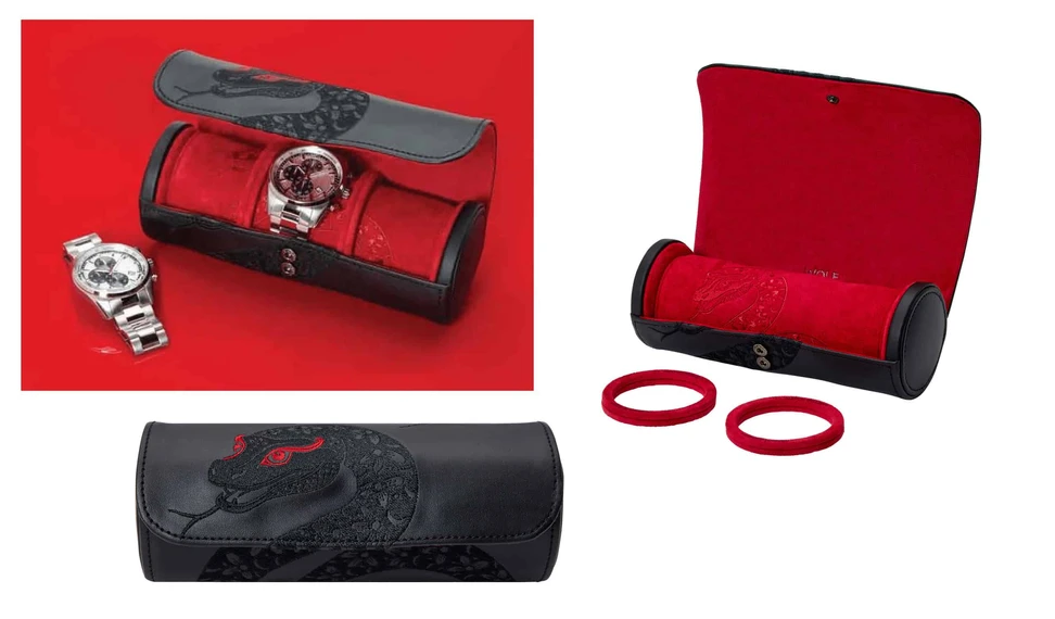 <p>WOLF Year of the Snake Triple Watch roll with a red suede interior</p>
