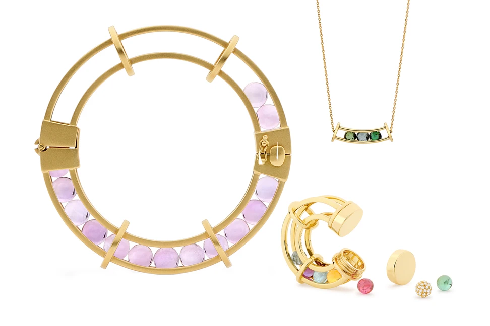 <p>Yael Sonia ’Spinning Wheel’ from Perpetual Motion collection jewellery in 18k yellow gold: Bangle with 8mm amethyst spheres, pendant with 5.37ct faceted green tourmaline spheres, and custom ring / pendant with aquamarine, amethyst, citrine, green tourmaline, pink tourmaline, rose quartz and diamond</p>