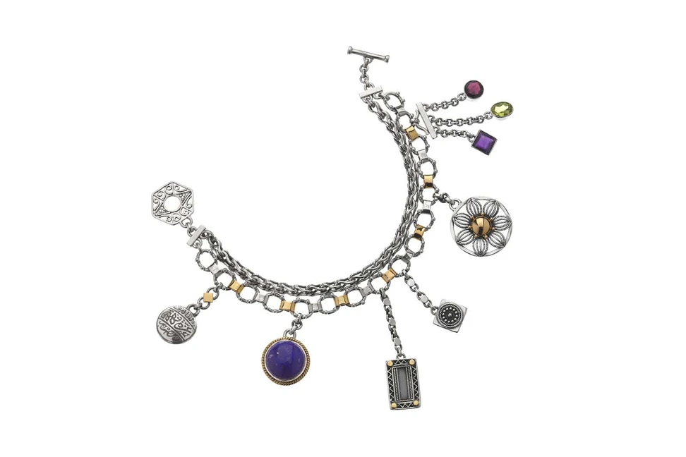 <p>Silver/Gold Charm Bracelet, Silver and gold double-layered T-lock bracelet adorned with multiple charms embellished  with hand-pierced filigree, geometric and floral-inspired motifs, and a beautiful  assortment of colorful stones</p>
