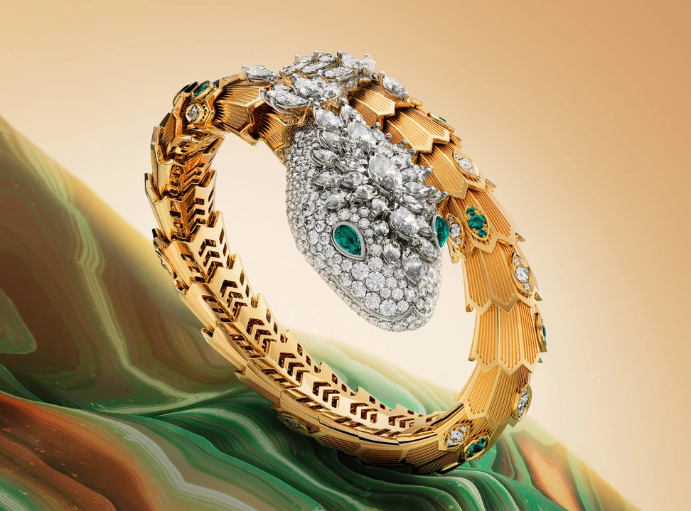 <p>Bvlgari Master Serpenti Dragoni Special Edition bracelet with diamonds and emeralds in white and yellow gold, launched for the Year of the Snake</p>
