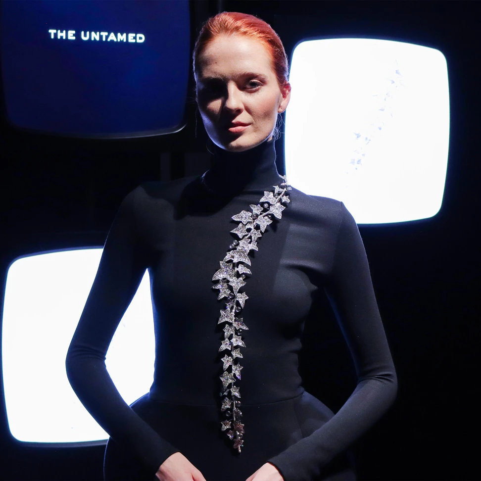 <p>A model at Paris Haute Couture Week showcases The Untamed necklace, crafted with diamonds and rock crystal in white gold, part of the Boucheron Histoire de Style ‘Nom: Boucheron Prénom: Frédéric’ High Jewellery collection</p>