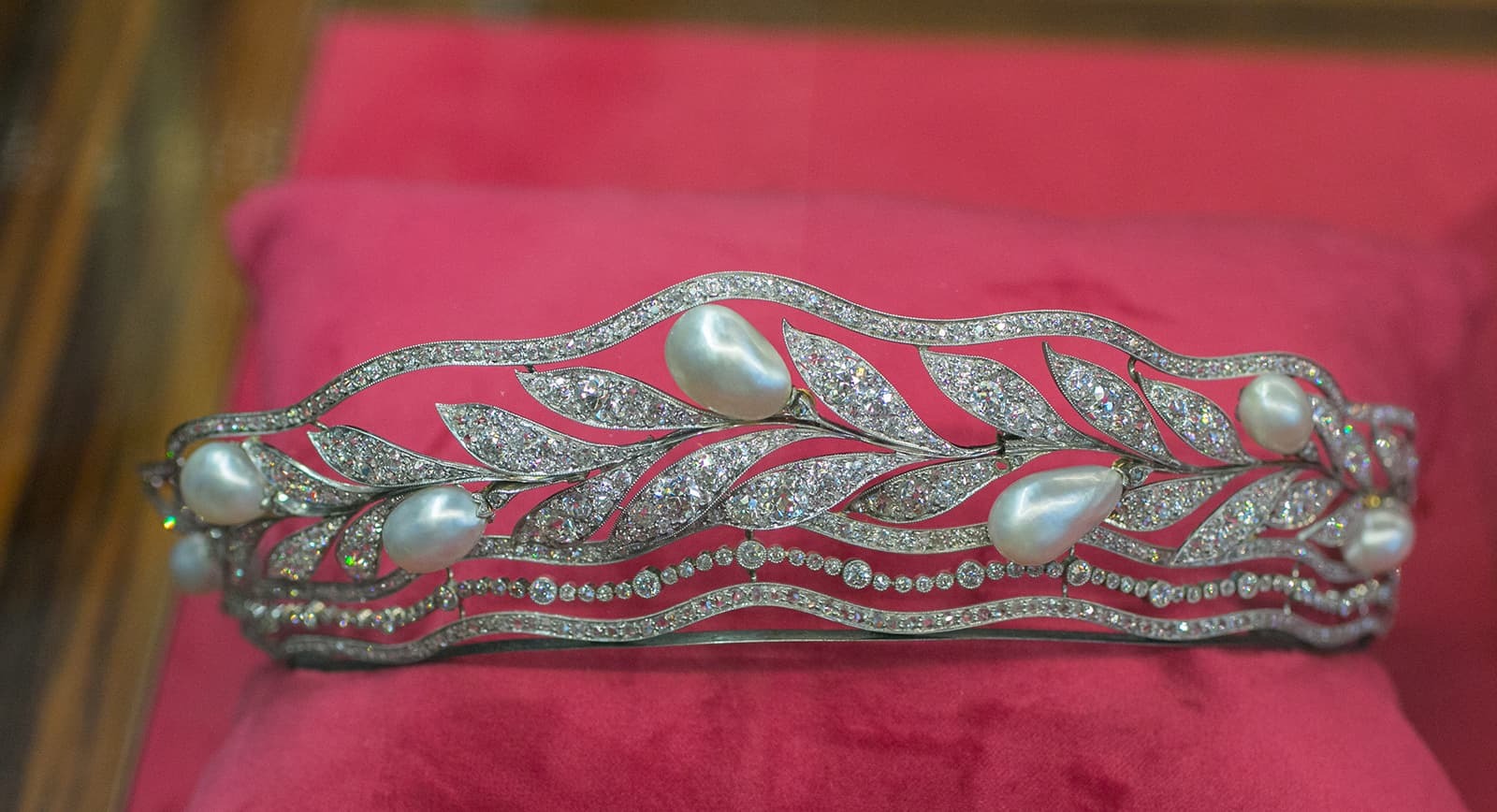 Tiara with natural pearls and diamonds created in 1900-1901 and presented at Christie's Magnificent Pearls exhibition in bahrain