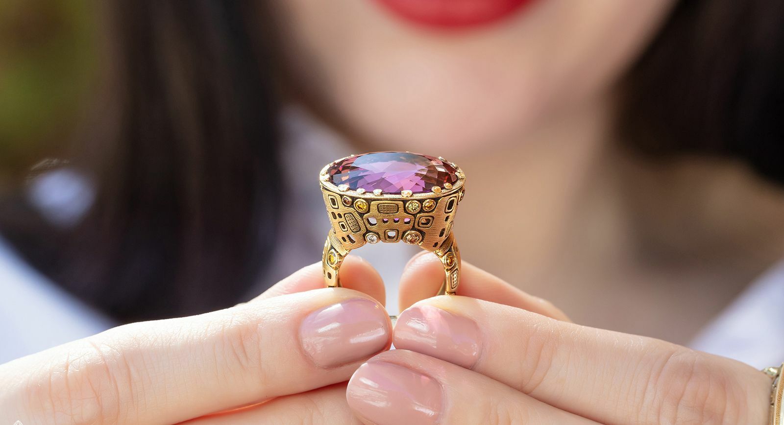 Alex Sepkus Little Windows ring with rubellite and gemstones in yellow gold