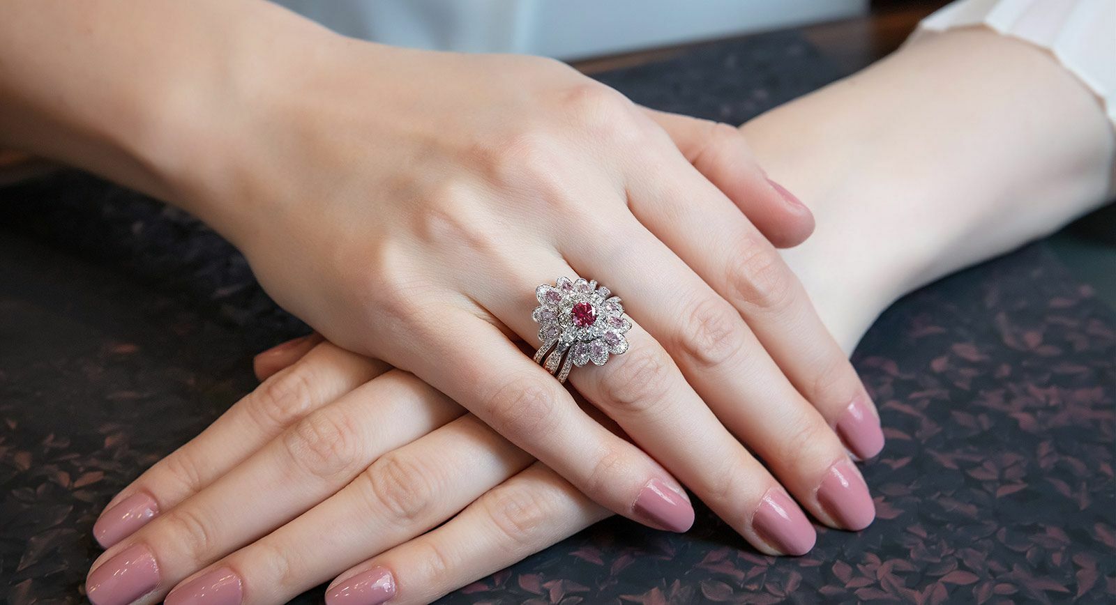 Calleija 'Couture' collection ‘Lady in Red’ ring with 0.54ct Fancy Purplish Red Argyle Tender diamond, Argyle blue and colourless diamonds, and ring jacket with Argyle pink diamonds - both in platinum and rose gold