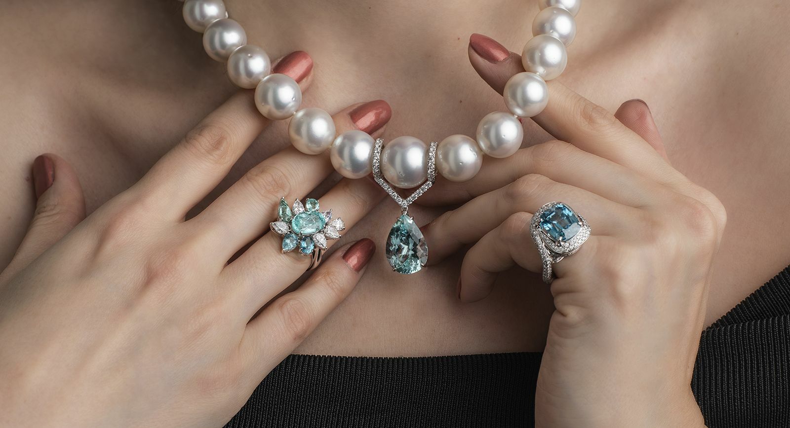 Жемчужное колье и кольца с драгоценными камнями Yuli Jewellery