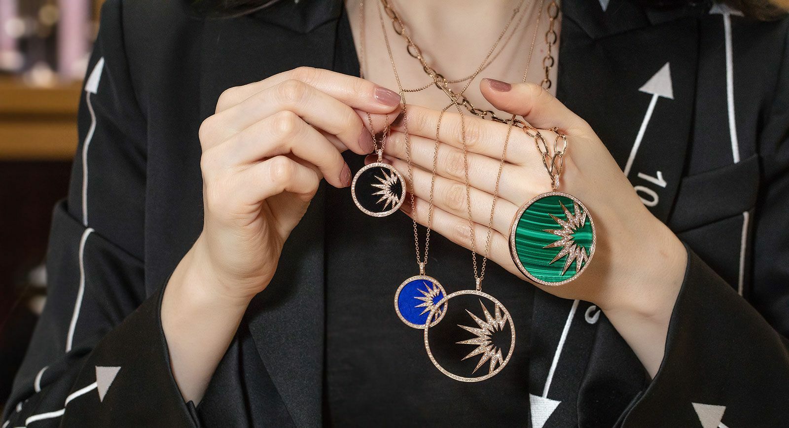 Logo collection pendants by Luca Carati with malachite, lapiz lazuli, onyx and diamonds