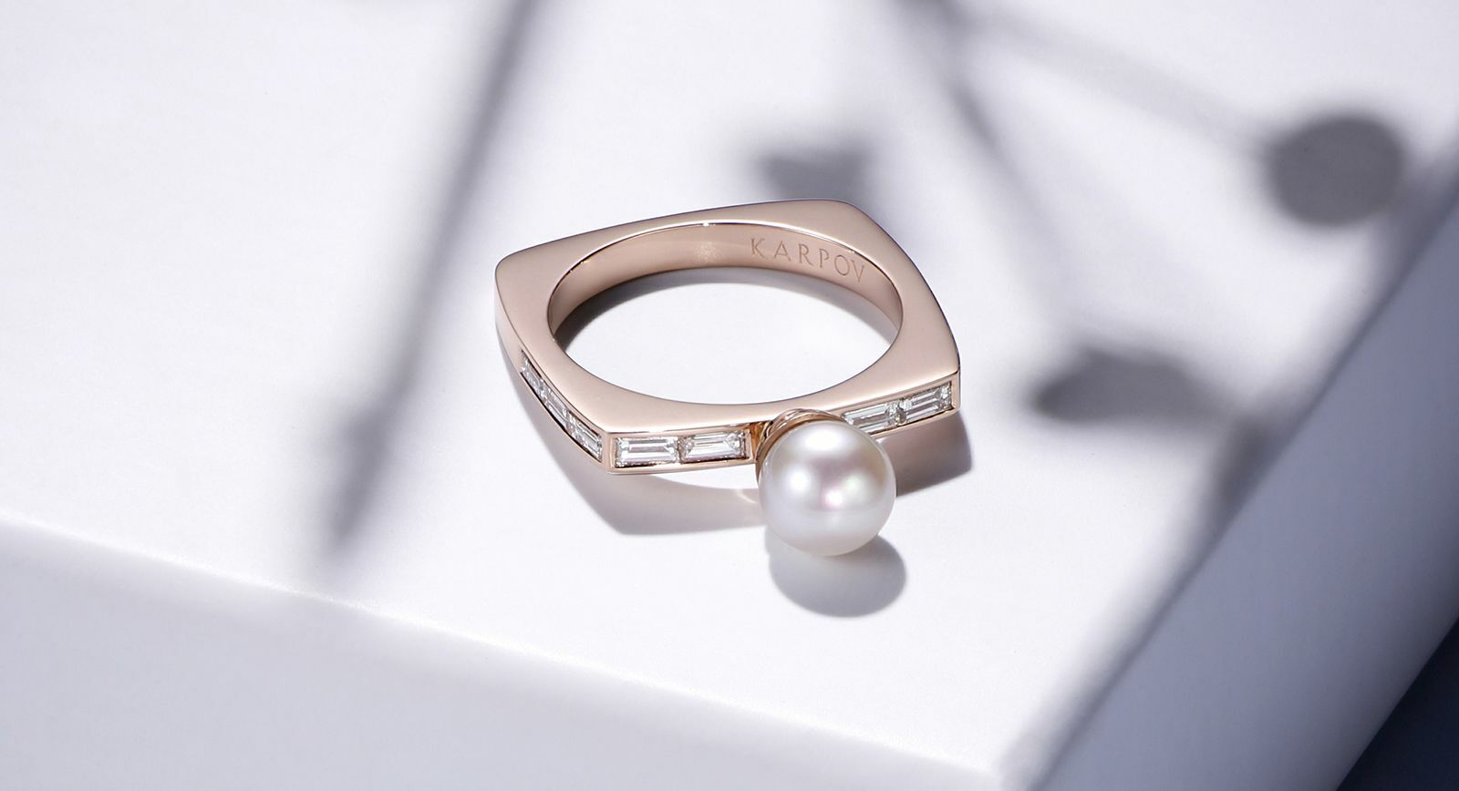 Karpov ring with baguette diamonds and pearl in rose gold