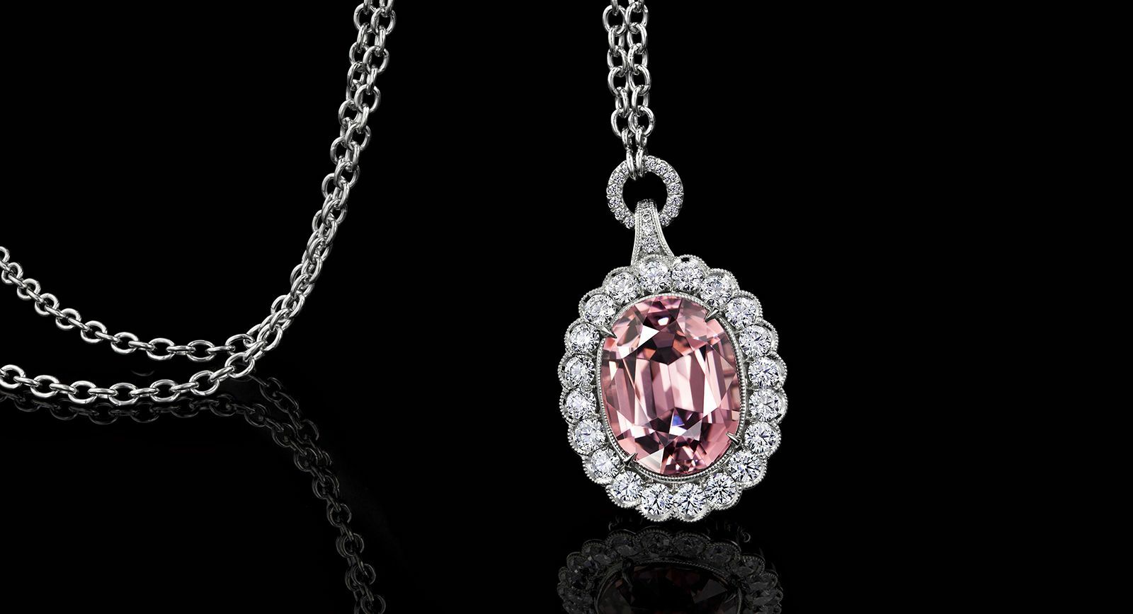 Jeremy Dunn "Lady in Pink" pendant featuring a 4.36-carat oval cut pink garnet from Mahenge, Tanzania, surrounded by a halo of Ideal cut diamonds
