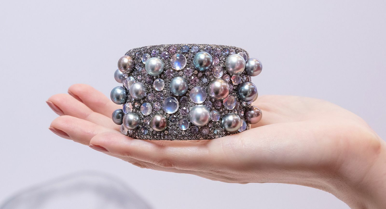 Assael cuff with moonstones, Tahitian pearls and more than 60 carats of lavender spinel