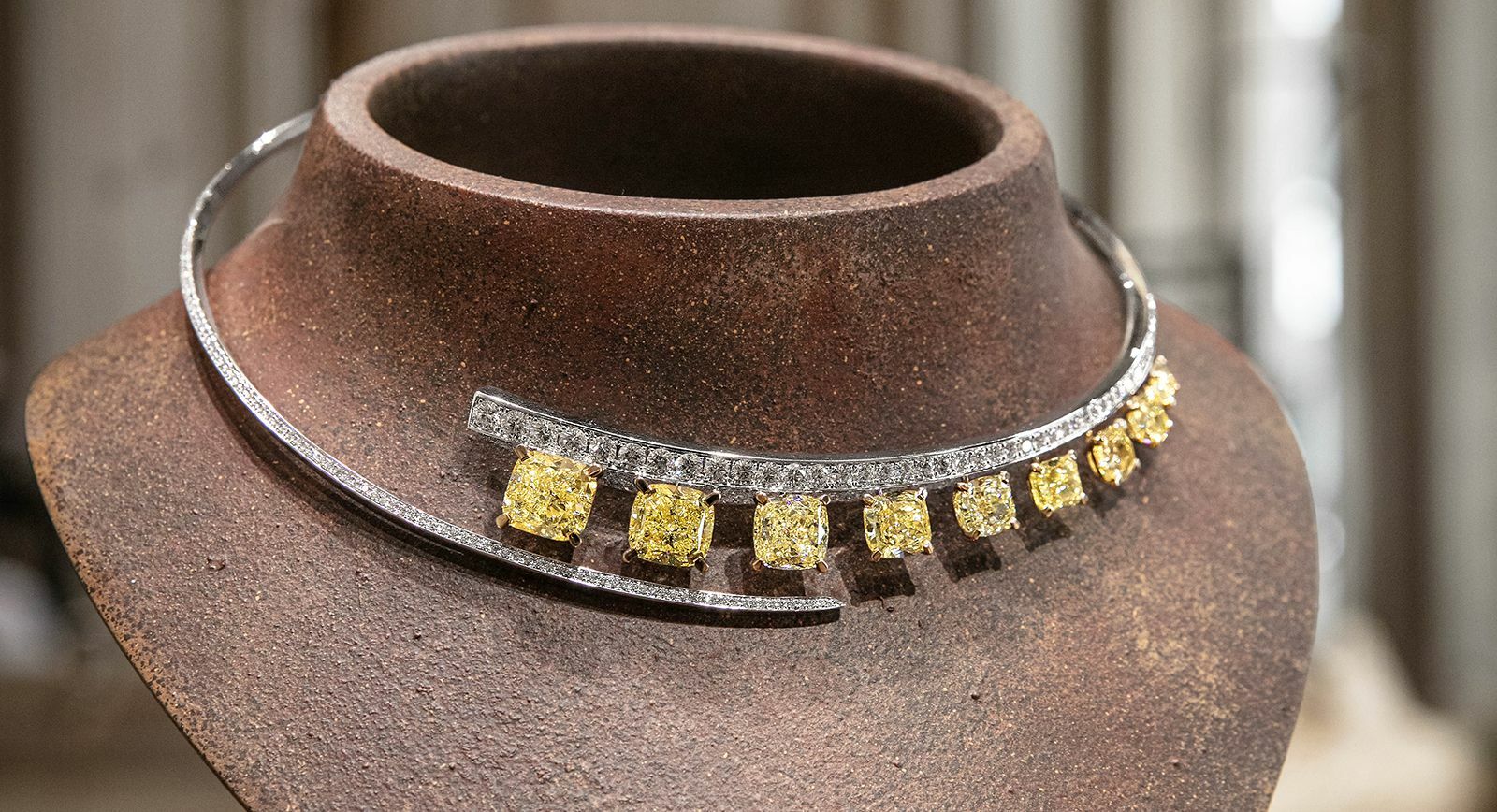 Messika Jewelry collar necklace with 215 round brilliant-cut diamonds and 9 cushion-cut yellow diamonds  