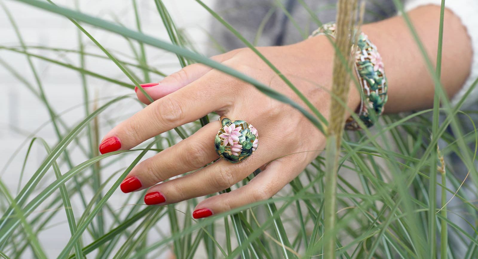 Ilgiz F. lotus blossom ring and matching bracelet inspired by Claude Monet and crafted using hot enamel techniques 