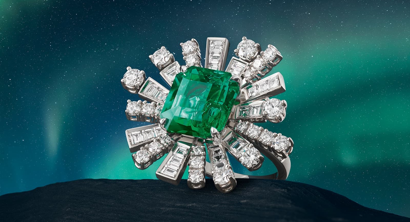 Piaget Extraordinary Lights High Jewellery Collection emerald and diamond ring from the Magical Aurora set