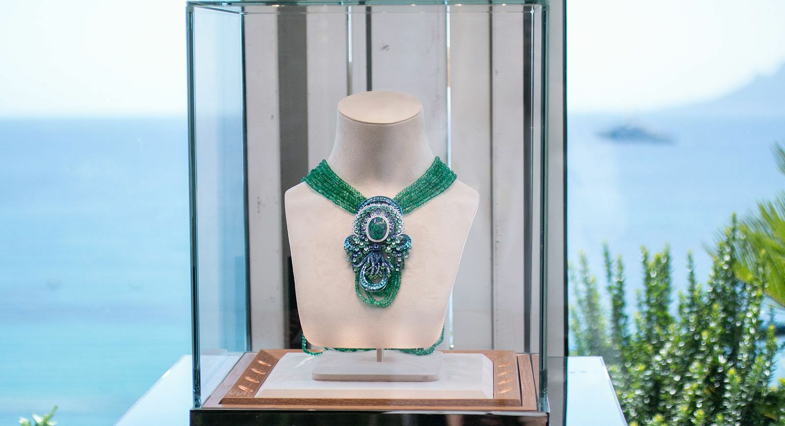 Chopard necklace from The Red Carpet collection with black opals, topaz, tourmalines, coloured sapphires, tsavorites and diamonds set in Fairmined-certified ethical 18k white gold and titanium, with emeralds beads