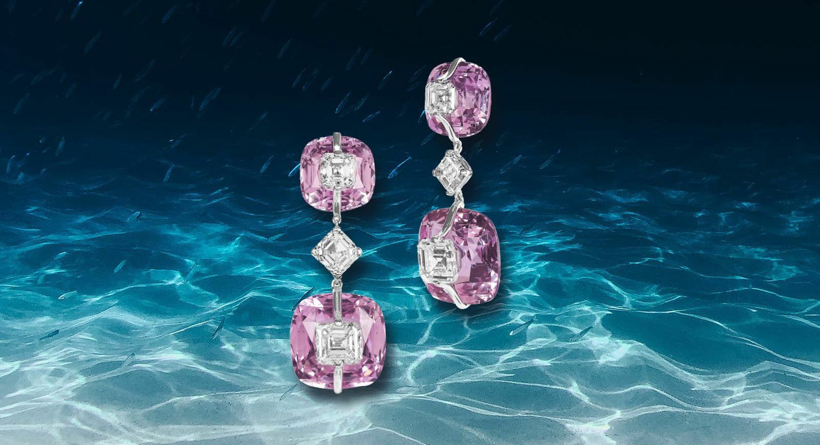 Серьги Boghossian Kissing Collection Coral Reef из белого золота 18 карат с шестью квадратными бриллиантами, четыре из которых установлены на кунцитах в технике «поцелуи».