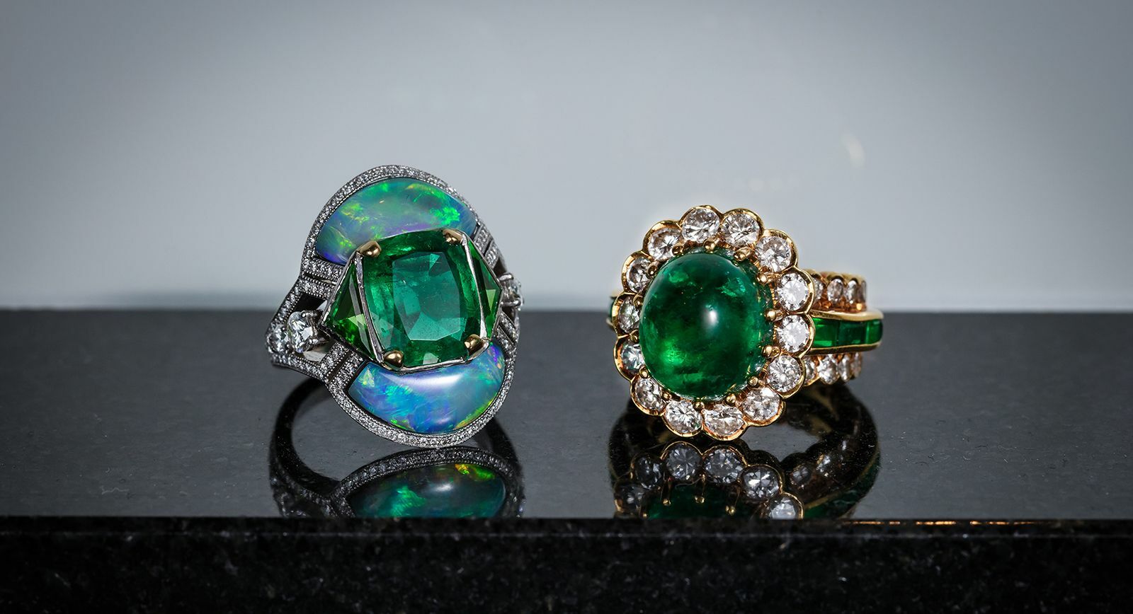 Bonhams' London Jewels auction in September 2021 contains this emerald, opal and tourmaline dress ring (left) and an emerald and diamond ring (right)