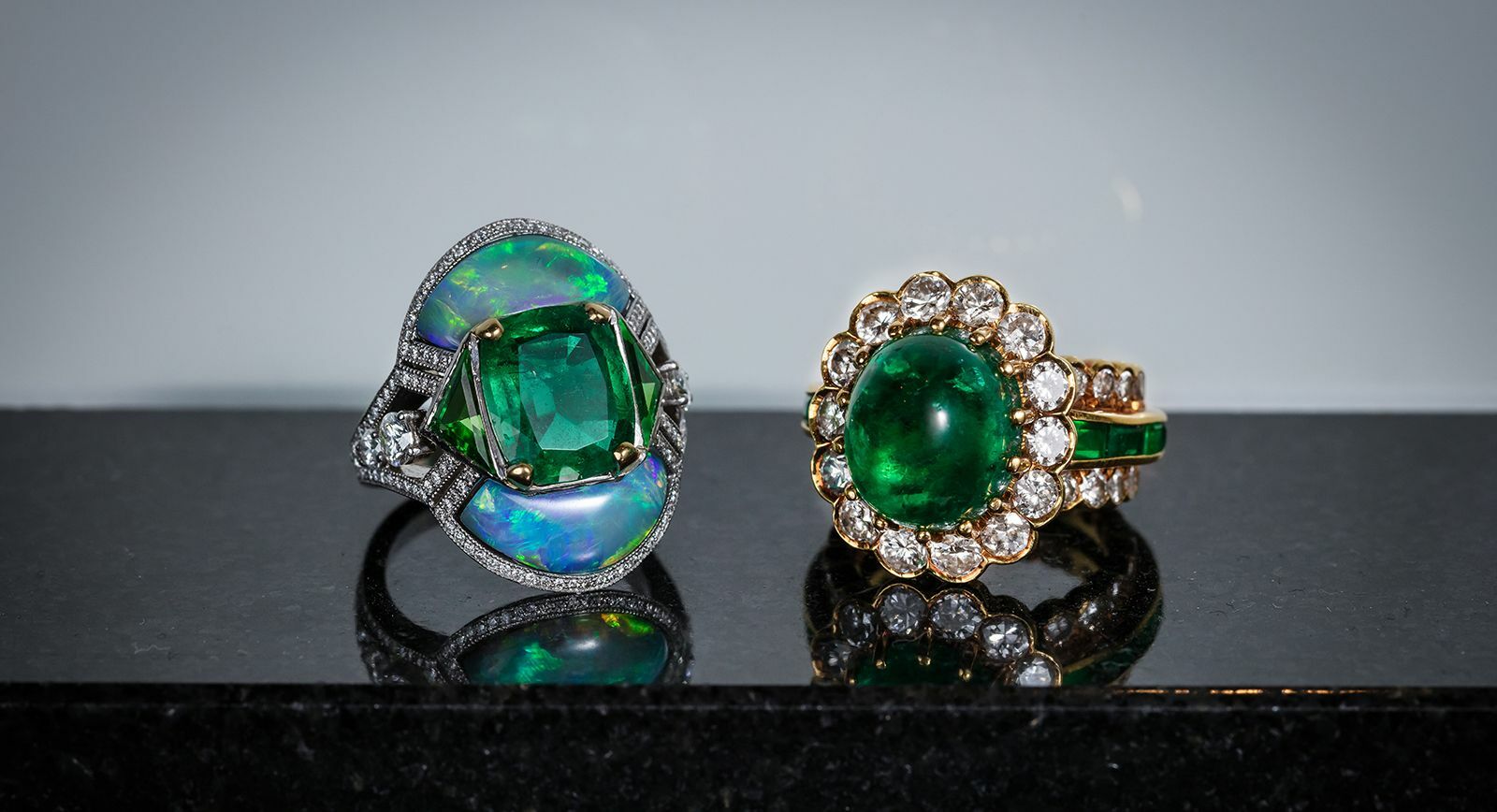Bonhams' London Jewels auction in September 2021 contains this emerald, opal and tourmaline dress ring (left) and an emerald and diamond ring (right)