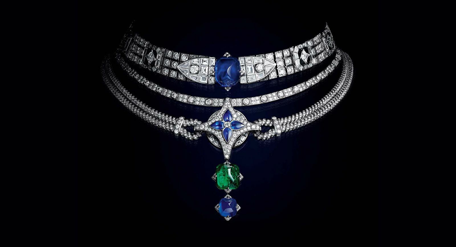 Le Mythe necklace with sapphires, emeralds and diamonds from the Bravery by Louis Vuitton Collection