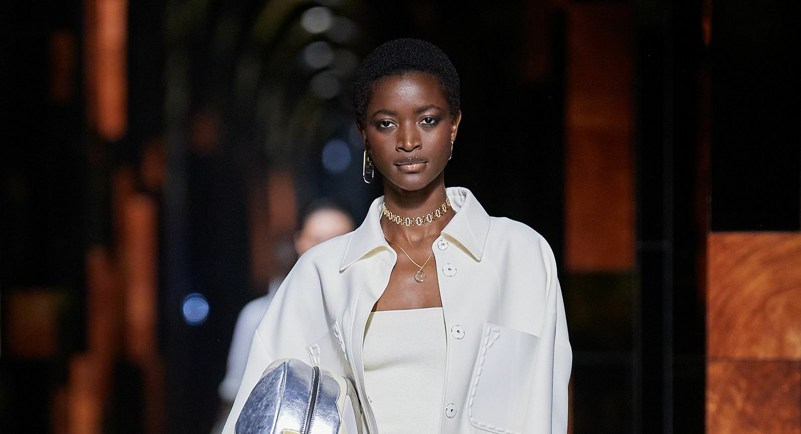 A model wears a choker on the runway for Fendi SS22 at Milan Fashion Week 