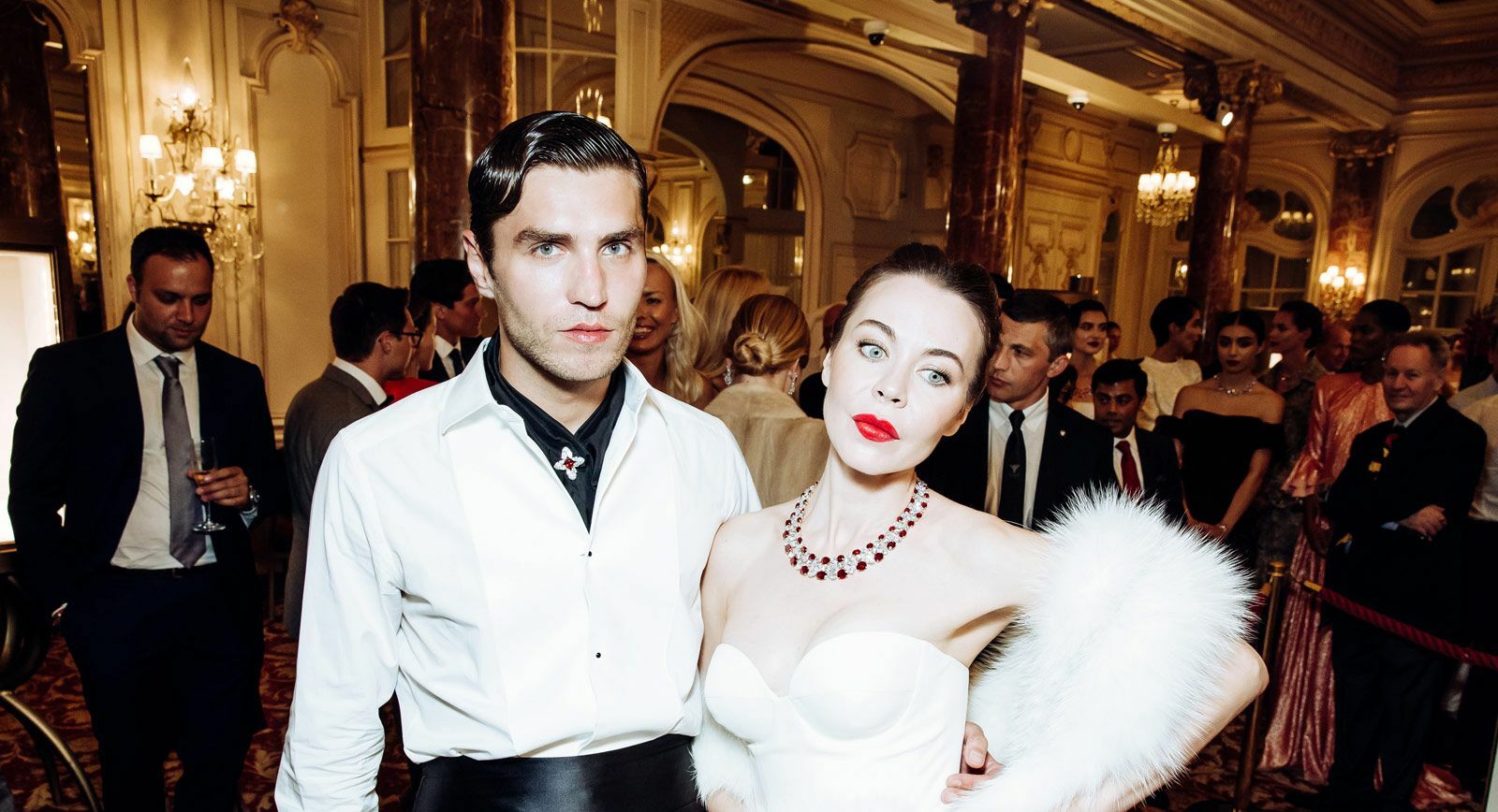 Frol Burimsky and Ulyana Sergeenk wearing Faidee Burmese Pigeon's Blood ruby jewellery. Photographer: Serge Outrush