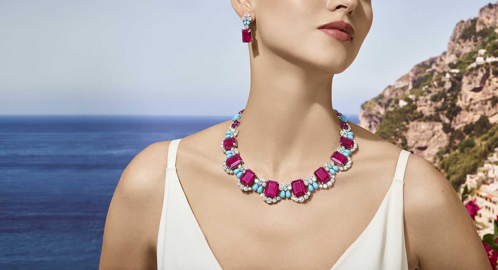 Harry Winston Bougainvillea necklace with 144.14 carats of rubellite tourmaline, Paraiba tourmaline, turquoise and diamonds from the Majestic Escapes High Jewellery collection