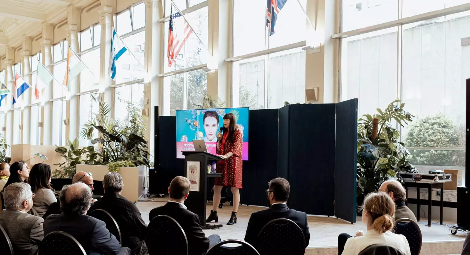 Katerina Perez speaks at the Antwerp Diamond Bourse in April 2023