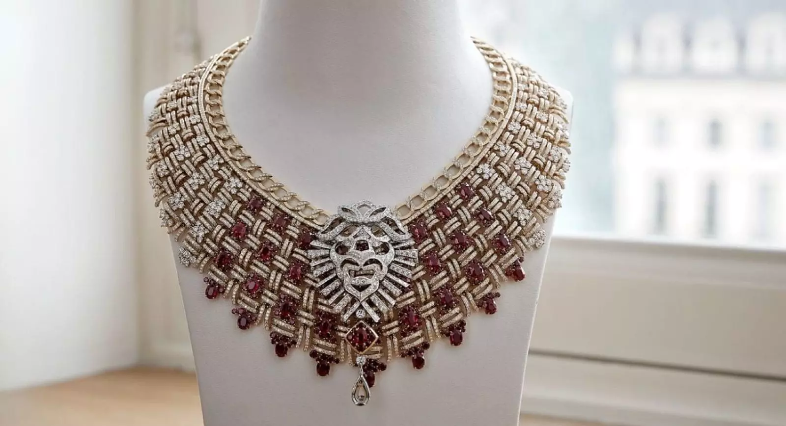 Chanel Tweed Royal plastron necklace with rubies, diamonds, and a 10.17-carat D colour Type IIa pear-shaped diamond drop from the Tweed Lion set of the Tweed de Chanel High Jewellery Collection