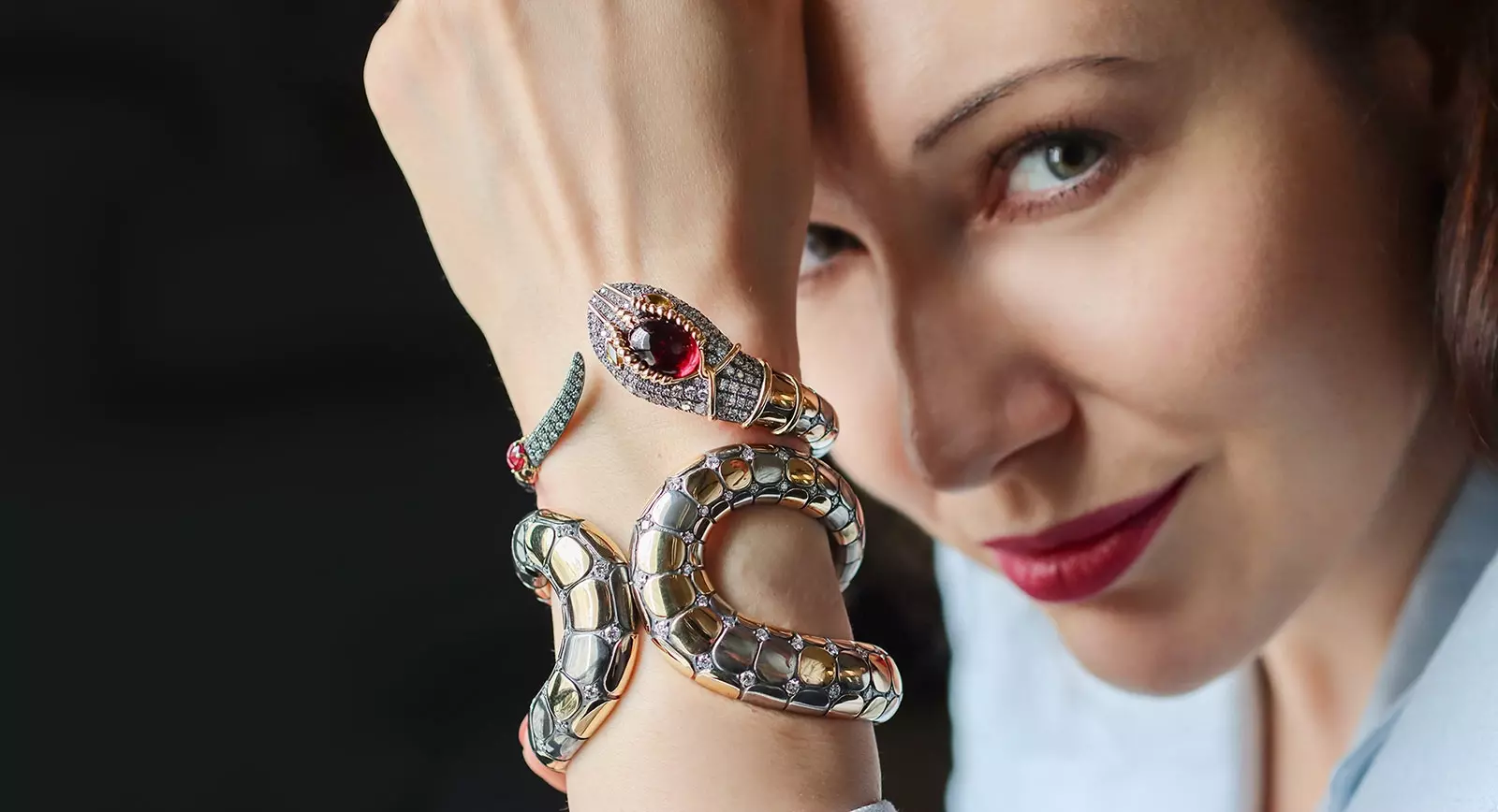 Katerina Perez wearing Elie Top snake bangle with a cabochon rubellite