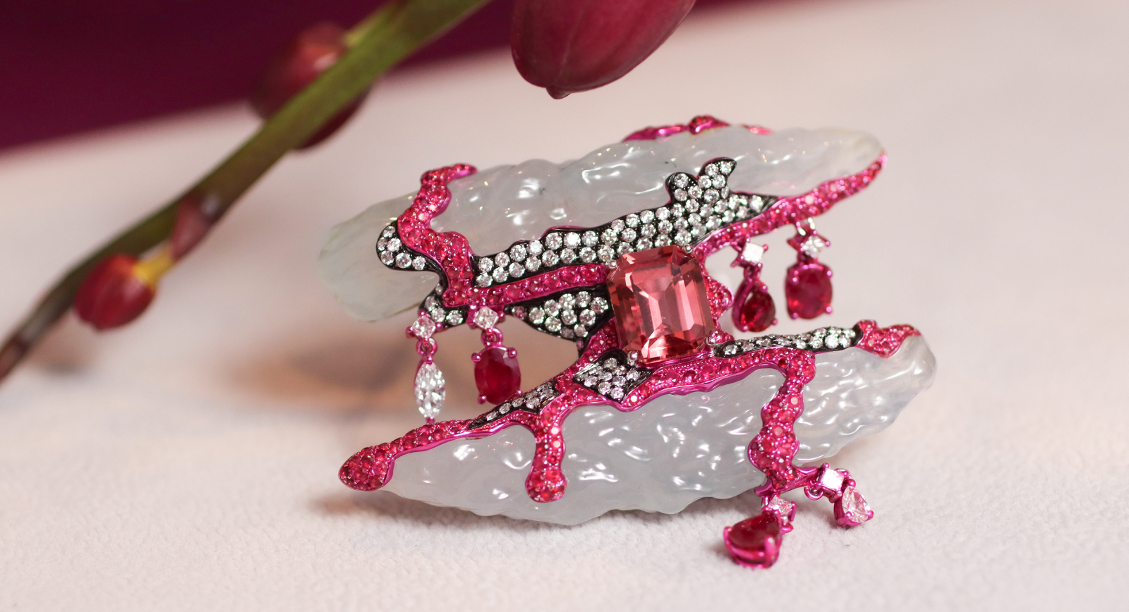 Austy Lee 'The Red Ice Brooch' in 18K white gold with Brazilian pink tourmaline, rubies, Burmese white jades and diamonds 