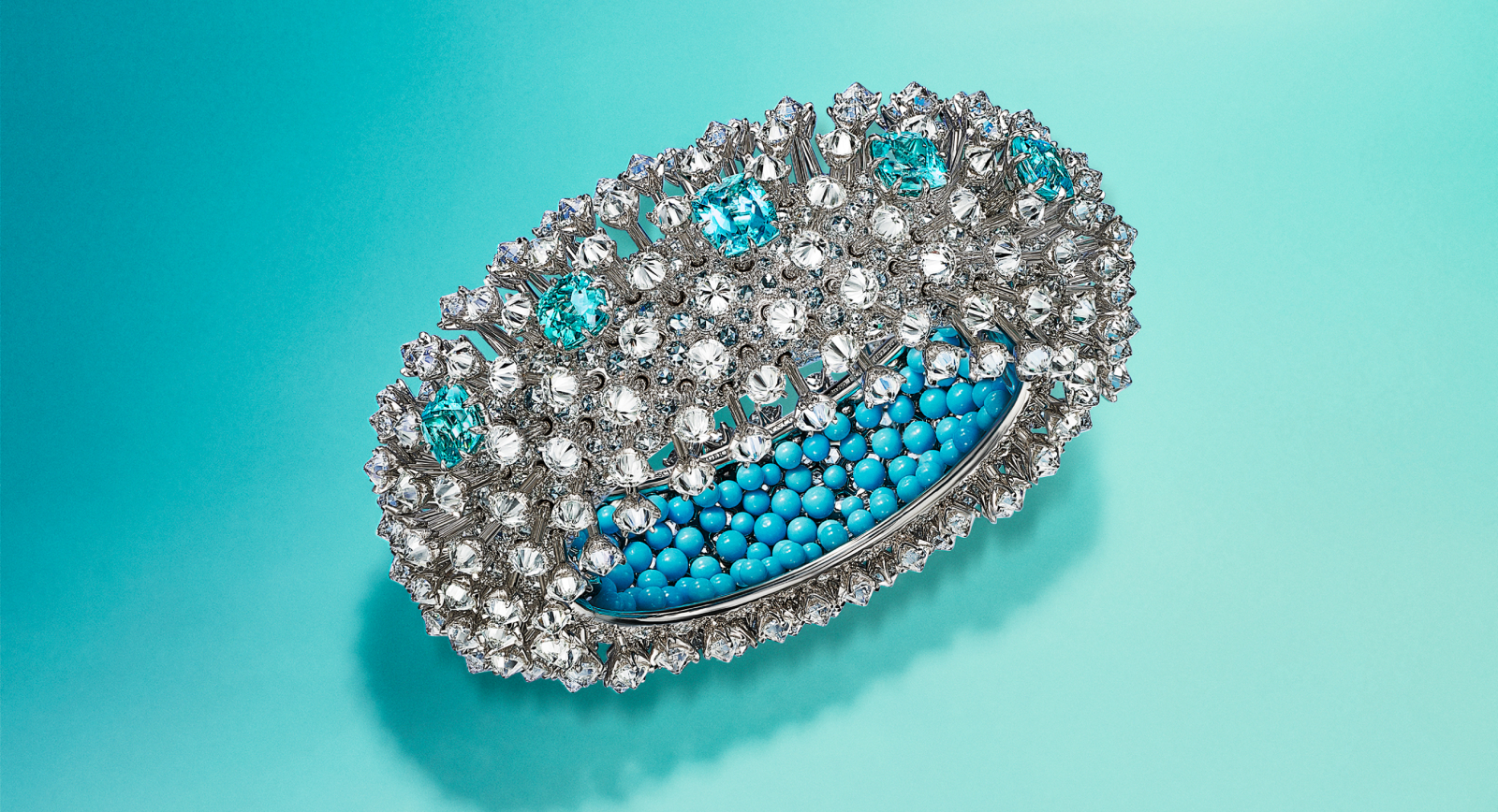 Tiffany & Co. Sea Anemone bracelet in 18k white gold with blue cuprian elbaite tourmalines of over 9 total carats, turquoise and diamonds from the 2023 Blue Book High Jewellery collection