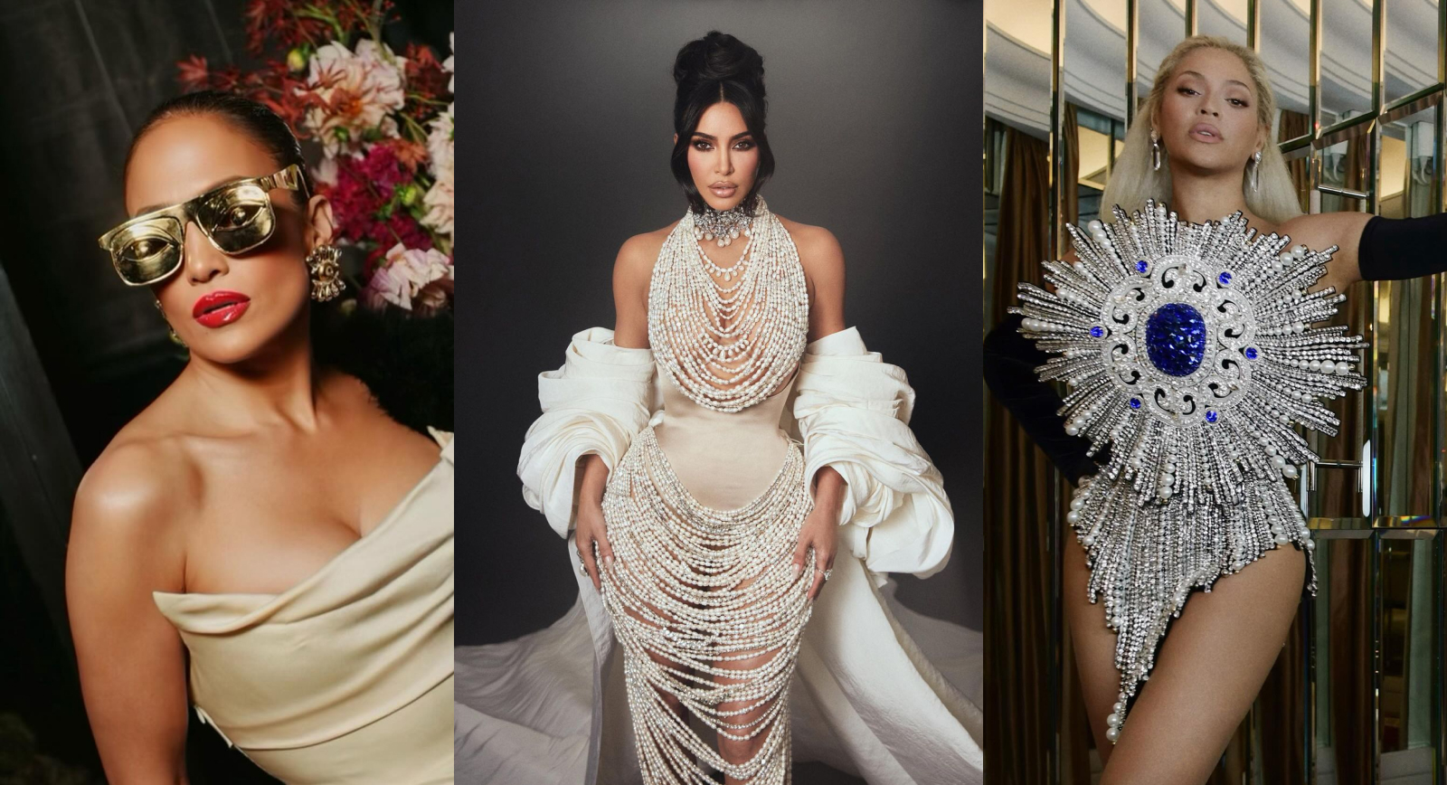 Jennifer Lopez, Kim Kardashian and Beyonce showcasing some jewellery-inspired fashion looks throughout 2023