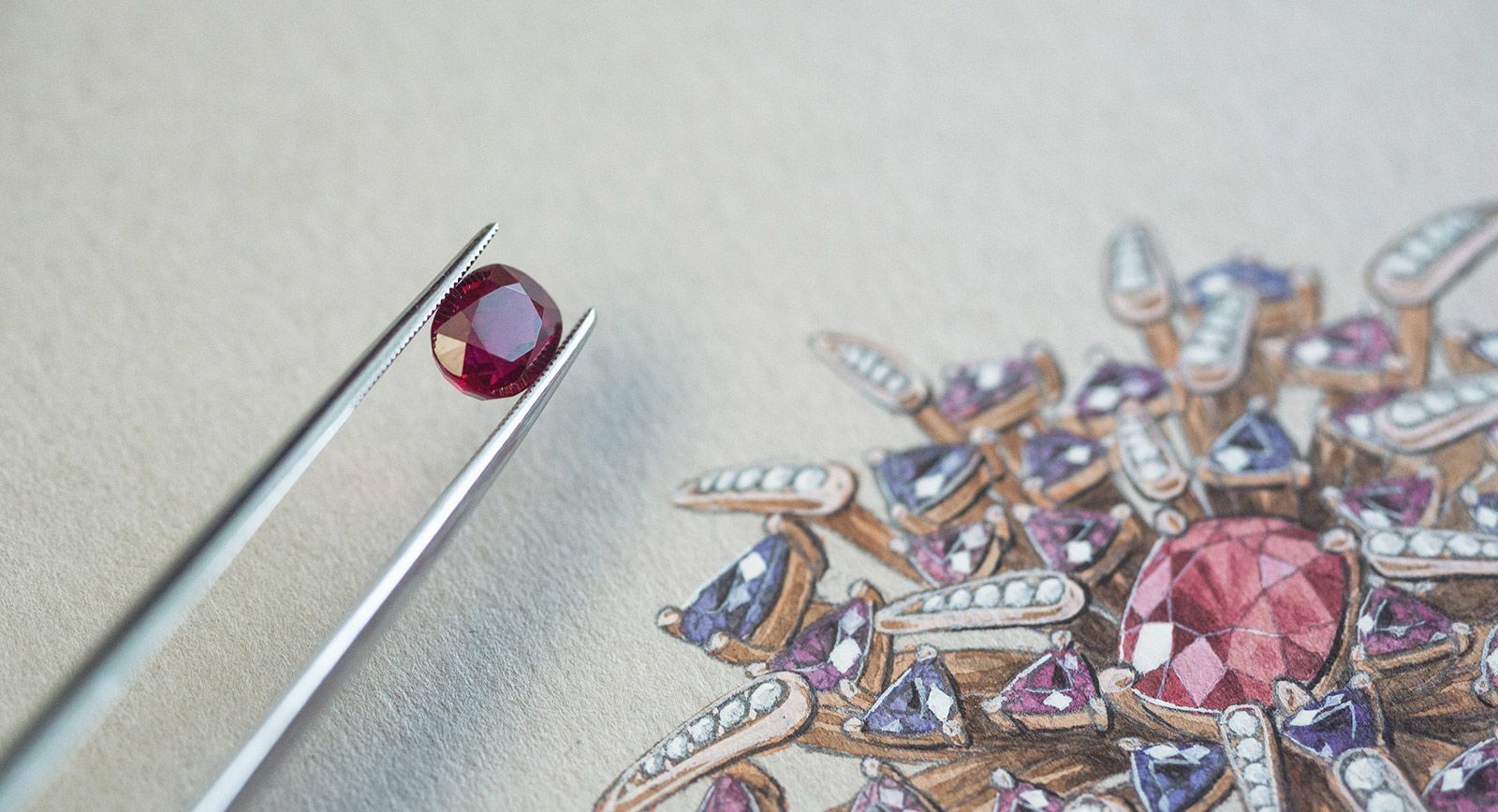 Red Dahlia ring rendering by Gubelin with an oval Burmese Ruby