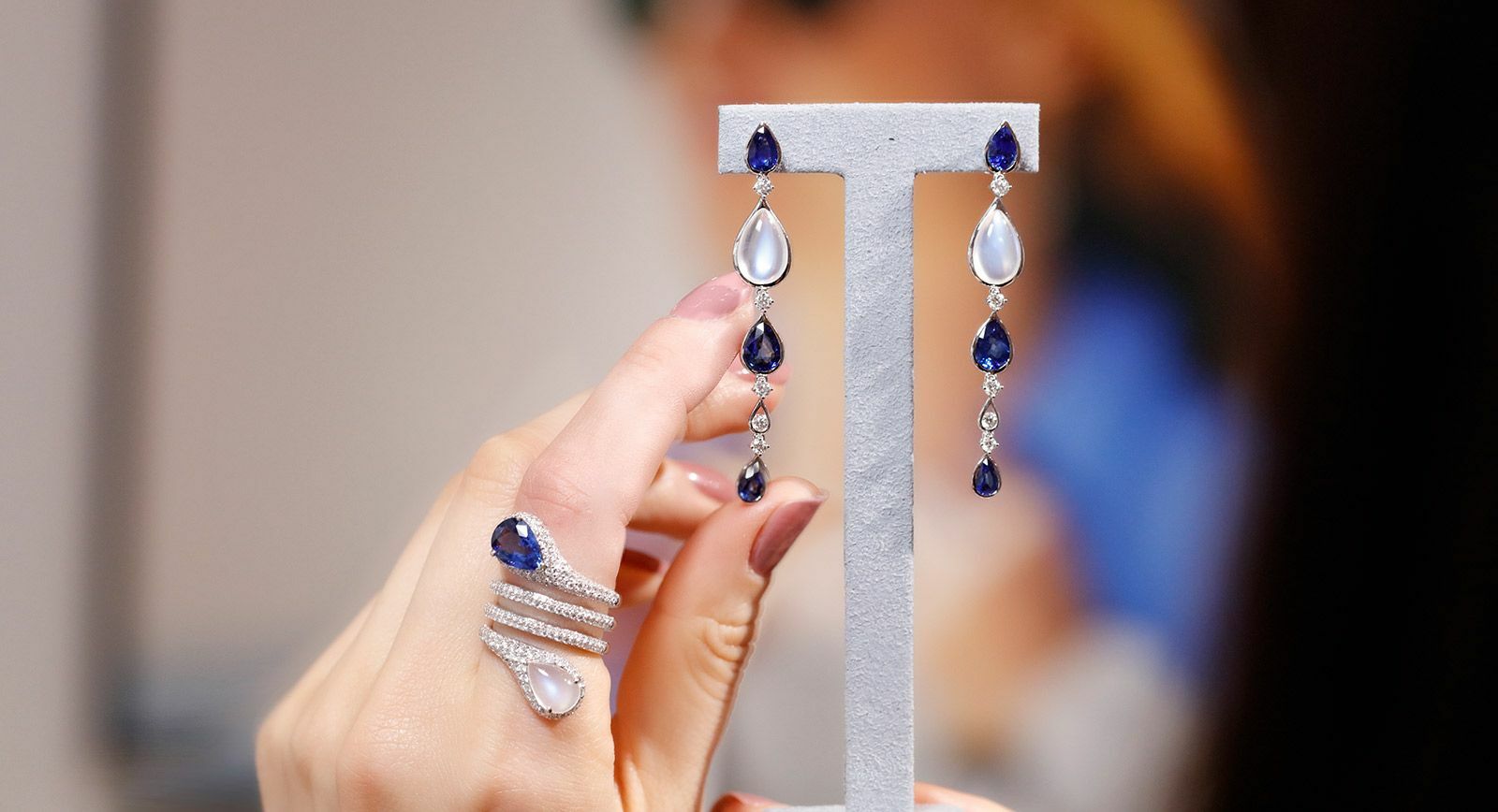 Maria Canale Drops earrings and ring with sapphires, moonstone and diamonds