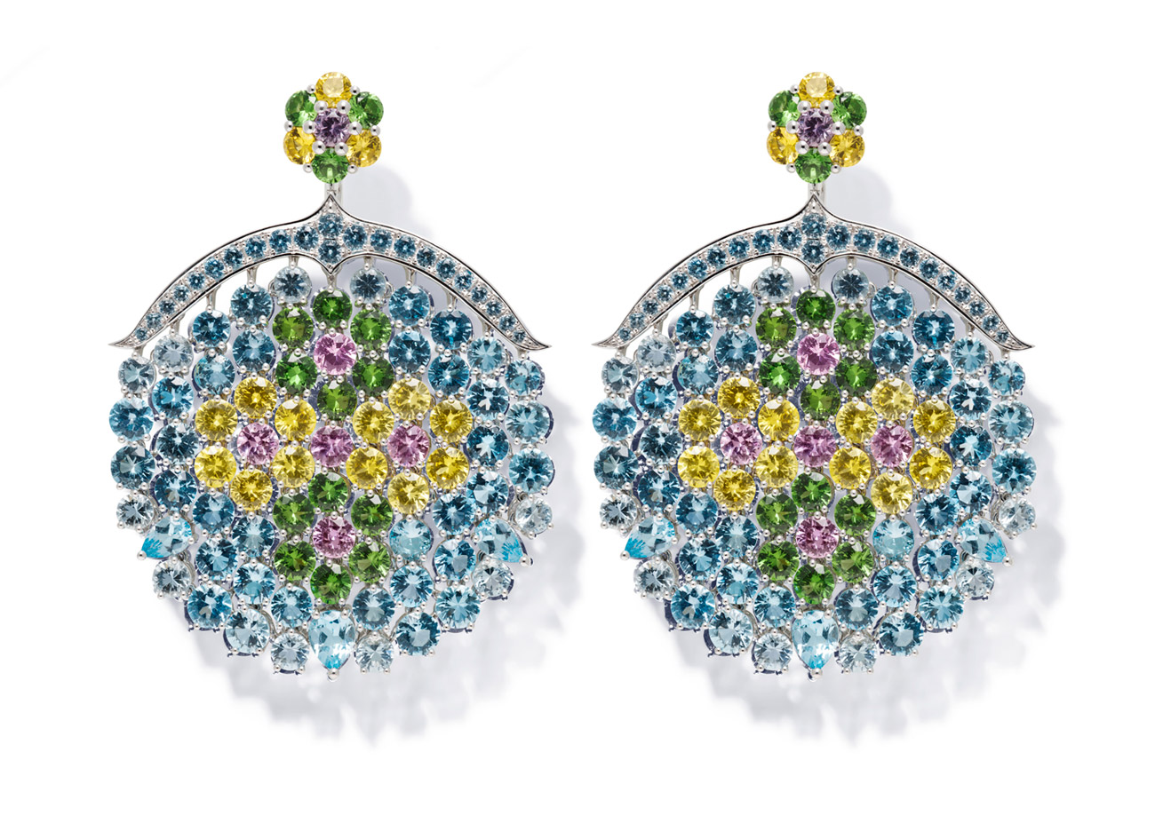  Chopard Red Carpet 2017 earrings with blue topazs, tsavorites and pink and yellow sapphires