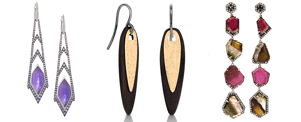 Stephen Webster Lady Stardust earrings with an amethyst; TOUS Sindano earrings 18kt yellow gold, sterling silver and ebony; Jemma Wynne Tourmaline Four Drop Earrings