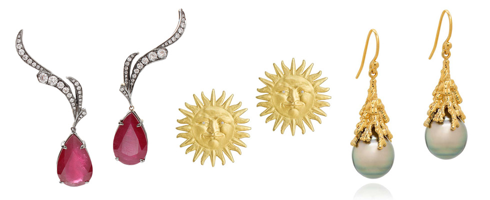 Nicholas Liu Gia African Ruby Earrings; Anthony Lent Sunface studs in yellow gold; Ornella Iannuzzi Coralline Reef dangling earrings with a pearl