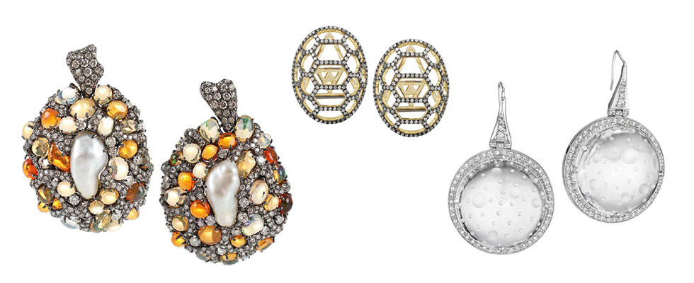Arunashi fire opal and pearl earrings; Venyx Toruga diamond studs; Madstone Design Magnum bubble earrings in white quartz