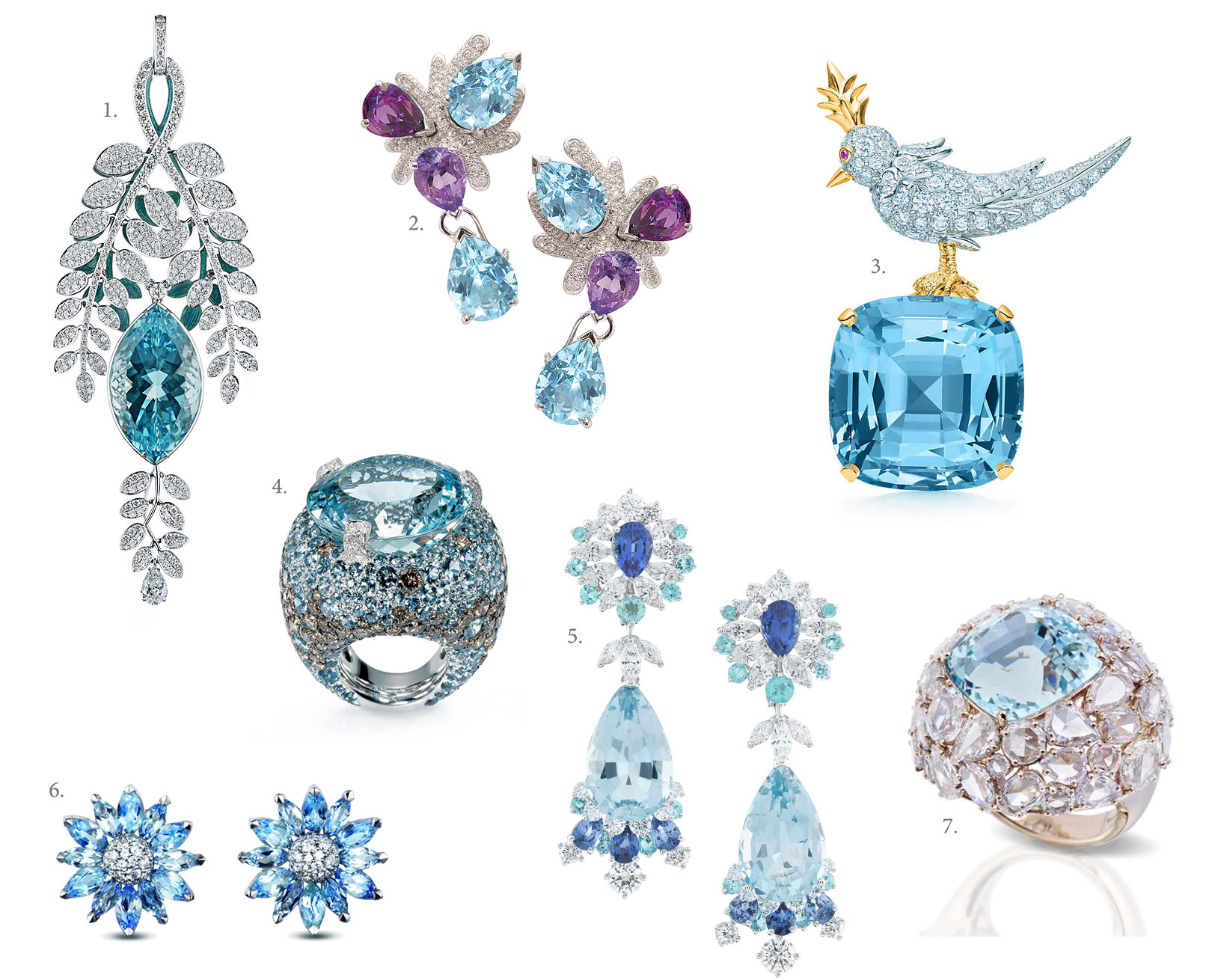 1. Ilgiz F. Aquamarine pendant with diamonds 2. Mathon Paris Coral earrings 3. Tiffany&Co Bird on a Rock clip with a 41.66 cts aquamarine 4. de Grisogono Melody of Colours Aquamarine ring 5. Van Cleef&Arpels Peau d’Âne collection aquamarine earrings 6. Asprey Daisy Heritage Aquamarine earrings 7. Pomellato Pom Pom ring