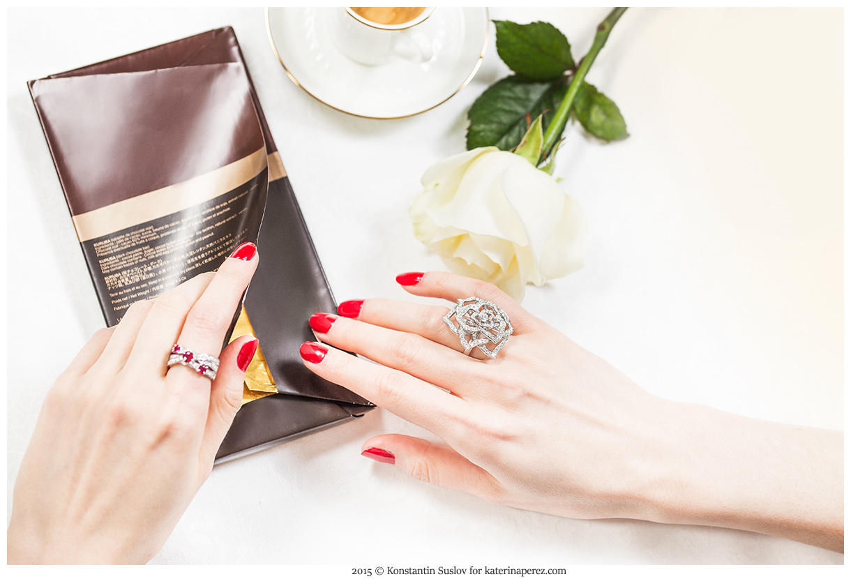 Chocolate story jewellery descriptions: 1.Left hand: Harry Winston ruby and diamonds band ring. Right hand: Piaget Rose diamond ring 2. Harry Winston Draperie diamond bracelet 3. Harry Winston Draperie diamond bracelet and a diamonds and rubies ring