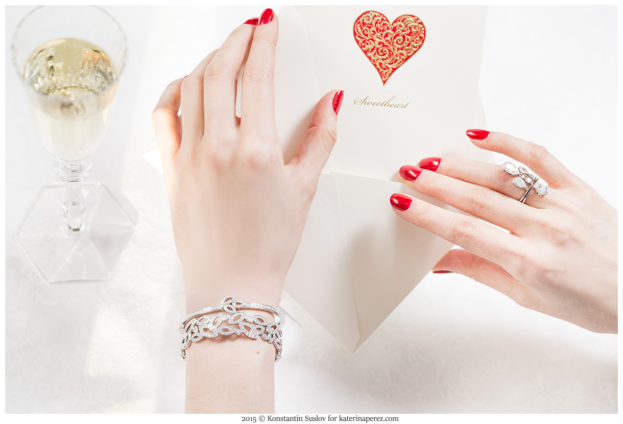  Valentine’s card jewellery descriptions: 1. Left hand: Lily Cluster diamond bangles set in platinum by Harry Winston. Right hand: Jewellery Theatre diamond rings from the Nobility collection 2. BOGH-ART necklace with a 5 ct rose cut pink diamond, white diamonds and natural salt water pearls 3. BOGH-ART pink diamond necklace and Jewellery Theatre diamond rings