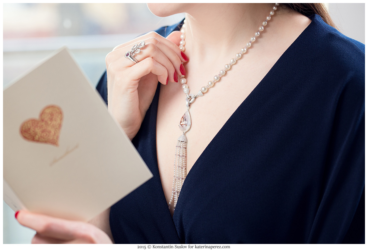  Valentine’s card jewellery descriptions: 1. Left hand: Lily Cluster diamond bangles set in platinum by Harry Winston. Right hand: Jewellery Theatre diamond rings from the Nobility collection 2. BOGH-ART necklace with a 5 ct rose cut pink diamond, white diamonds and natural salt water pearls 3. BOGH-ART pink diamond necklace and Jewellery Theatre diamond rings