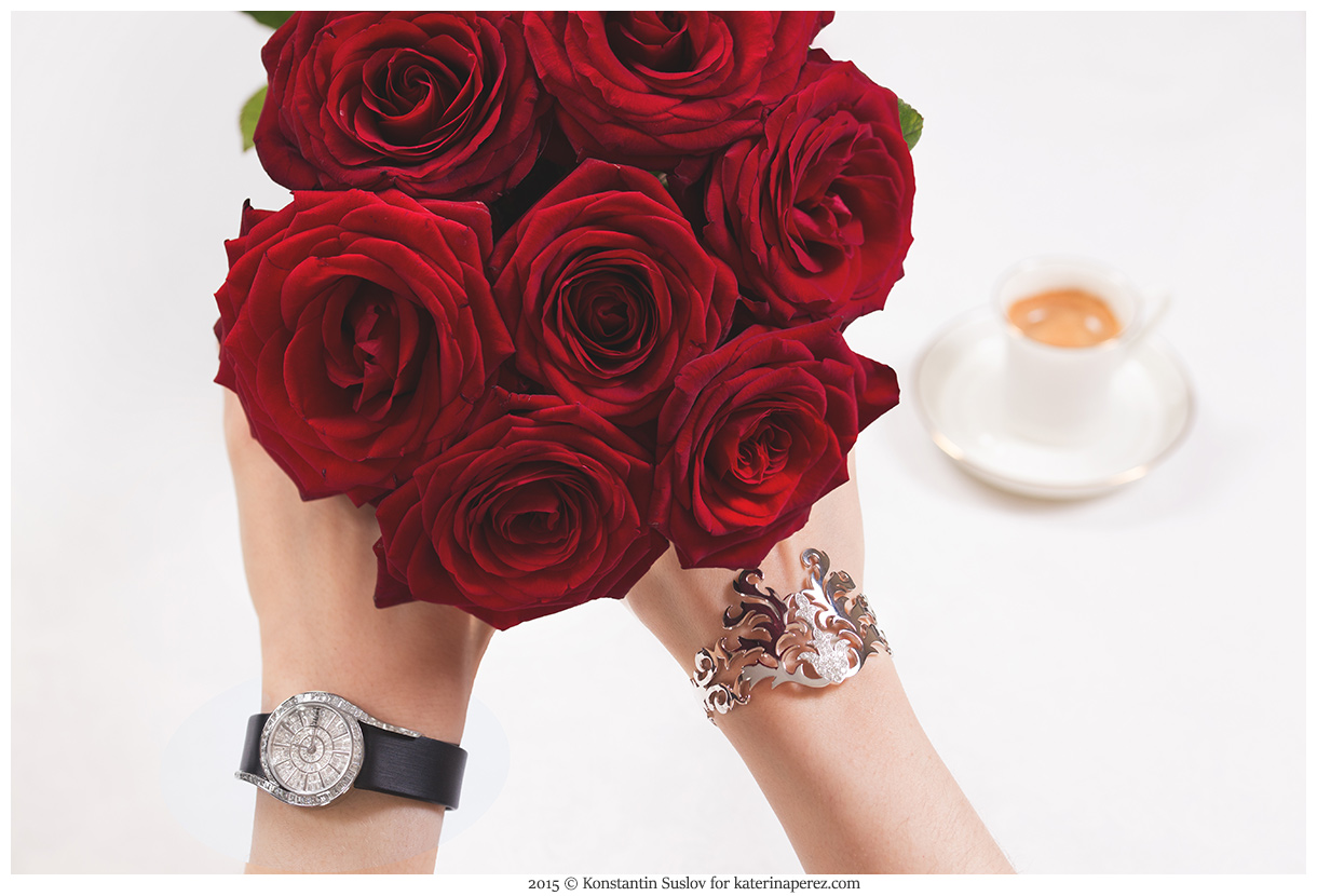  Roses’ story jewellery descriptions: 1. Left Hand: Piaget Limelight Watch with diamonds. Right hand: Lily Gabriella Collection II cuff in white gold with diamonds 2. and 3. Fabergé Devotion ring with 2.71 cts pear-shaped diamond
