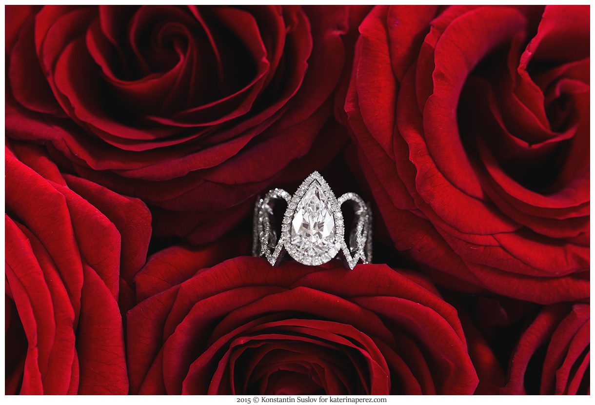  Roses’ story jewellery descriptions: 1. Left Hand: Piaget Limelight Watch with diamonds. Right hand: Lily Gabriella Collection II cuff in white gold with diamonds 2. and 3. Fabergé Devotion ring with 2.71 cts pear-shaped diamond