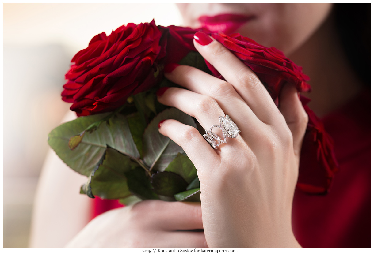  Roses’ story jewellery descriptions: 1. Left Hand: Piaget Limelight Watch with diamonds. Right hand: Lily Gabriella Collection II cuff in white gold with diamonds 2. and 3. Fabergé Devotion ring with 2.71 cts pear-shaped diamond
