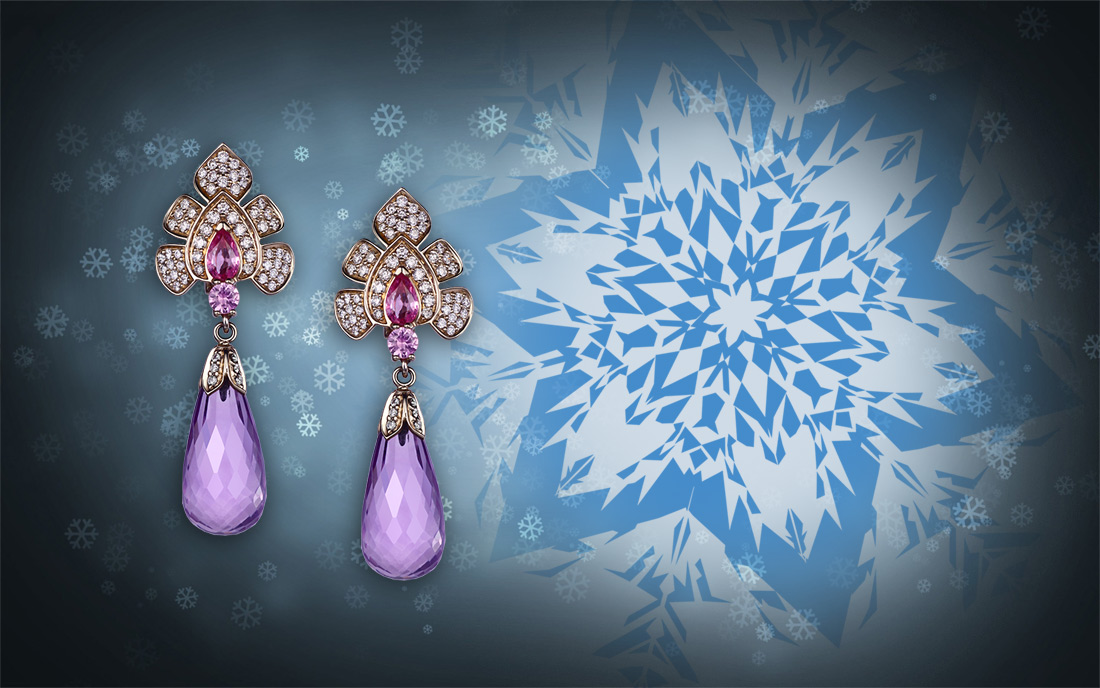 Drop earrings in yellow gold with sapphires, diamonds and amethyst briolettes